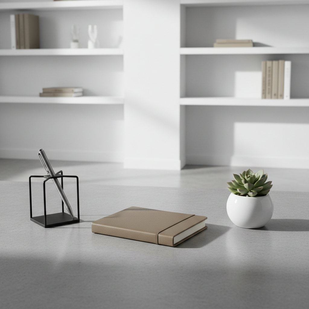 A single, elegant, taupe-colored leather-bound notebook lying closed atop a smooth concrete surface, flanked by a minimalistic black metal pen stand and a small potted succulent in a white ceramic pot. The environment is an uncluttered, open-plan studio with linear shelving and crisp white walls. Indirect, soft artificial lighting simulates a cloudy day, bathing the whole scene in balanced, neutral tones and creating subtle, elongated shadows. Captured at desk level with the rule of thirds guiding the composition, the mood is composed and intellectual. The photographic realism, clean lines, and understated color palette reflect a professional publishing environment.