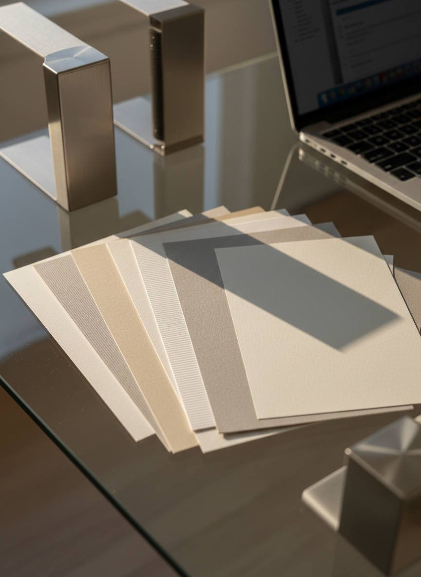 A close-up of a carefully curated collection of premium-quality, neutral-toned paper samples, arrayed in a gentle fan shape on a pristine glass tabletop. Around the edges, minimalist metal bookends and a single sleek silver laptop peek into the frame, alluding to digital publishing tools. Subdued late afternoon sunlight reflects softly off the glass, highlighting the subtle textures of the paper and diffusing gently across the scene for a serene, high-end feel. Shot from a slightly tilted top-down angle with shallow depth of field focusing on the paper edges, the composition feels modern, clean, and highly intentional. This image subtly communicates both tradition and innovation in publishing.